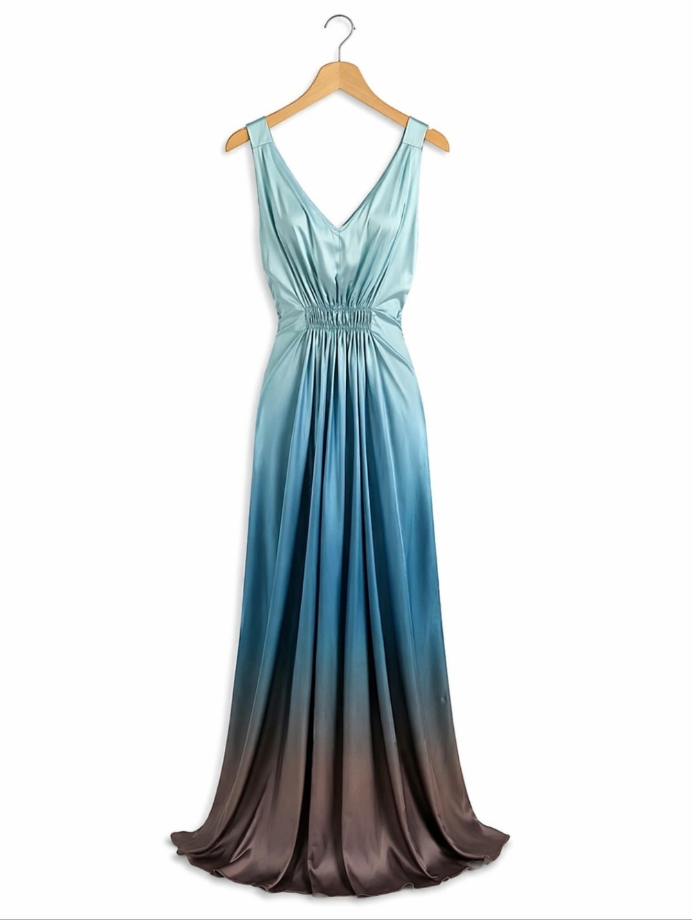 Ombre Satin V-Neck Evening Gown in Teal to Brown